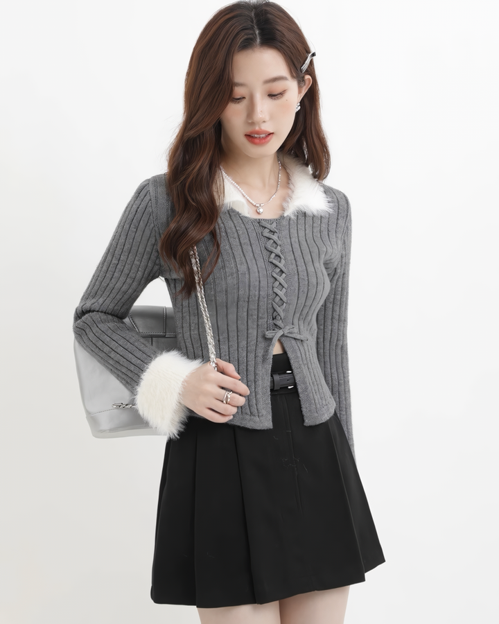 ファーフリルリブレースアップニットトップス Mc608