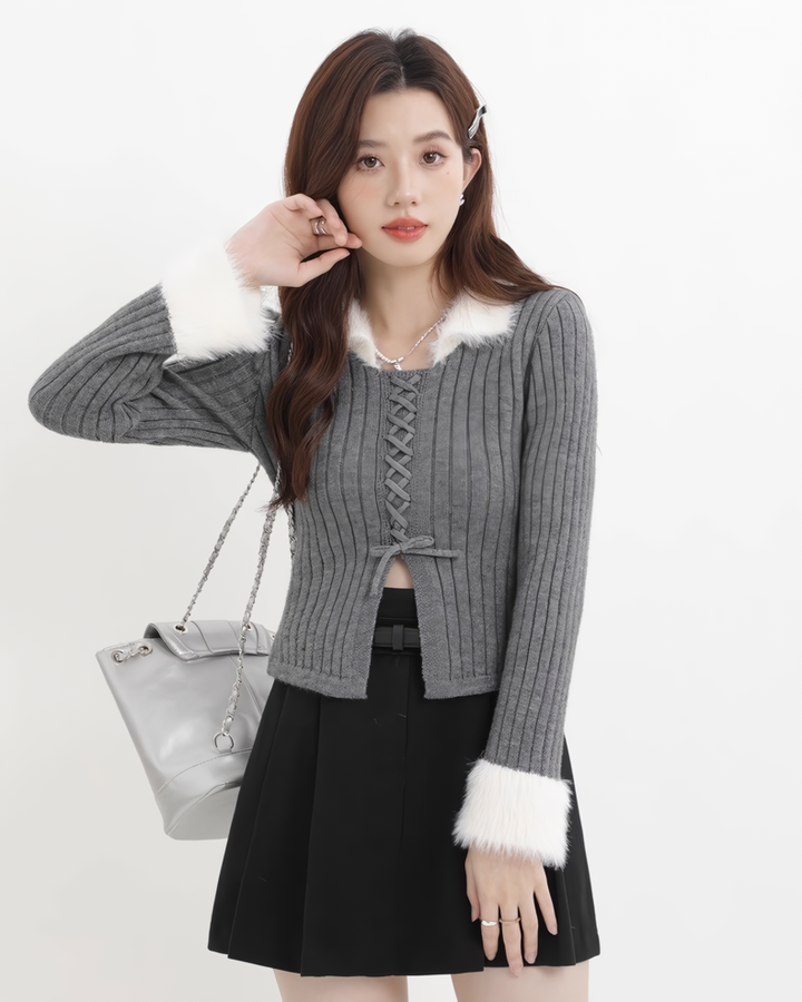 ファーフリルリブレースアップニットトップス Mc608