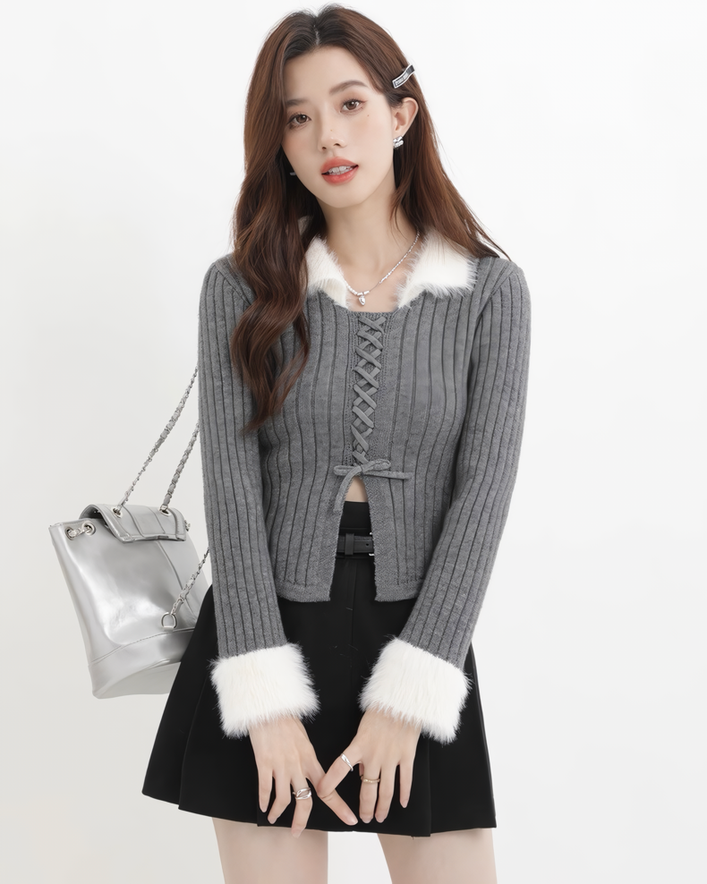 ファーフリルリブレースアップニットトップス Mc608