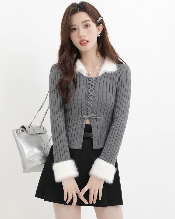 ファーフリルリブレースアップニットトップス Mc608