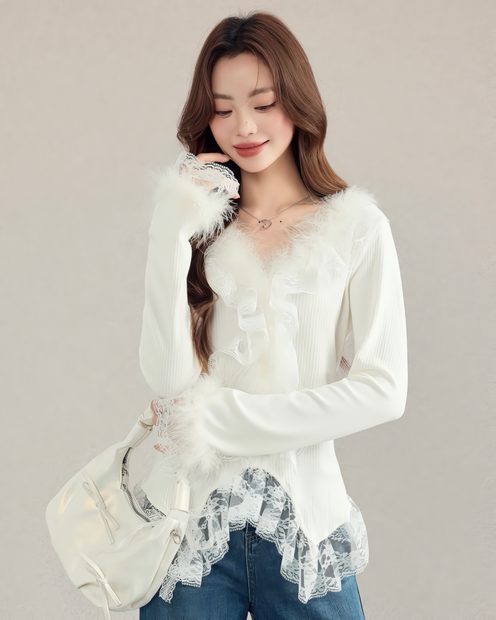 レース付きファートリムリブニットトップス Mc 610