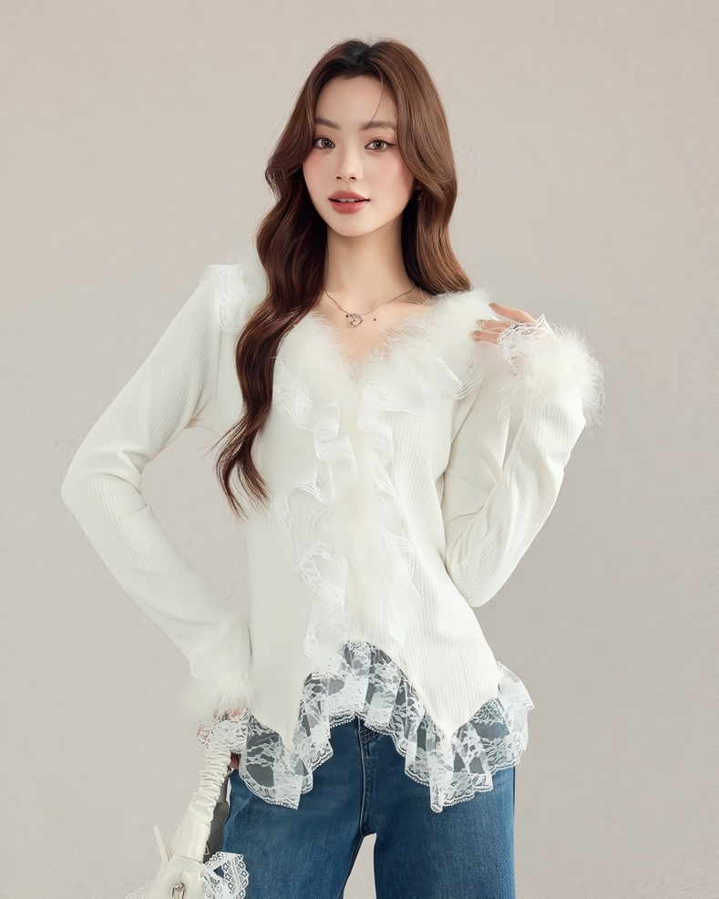 レース付きファートリムリブニットトップス Mc 610