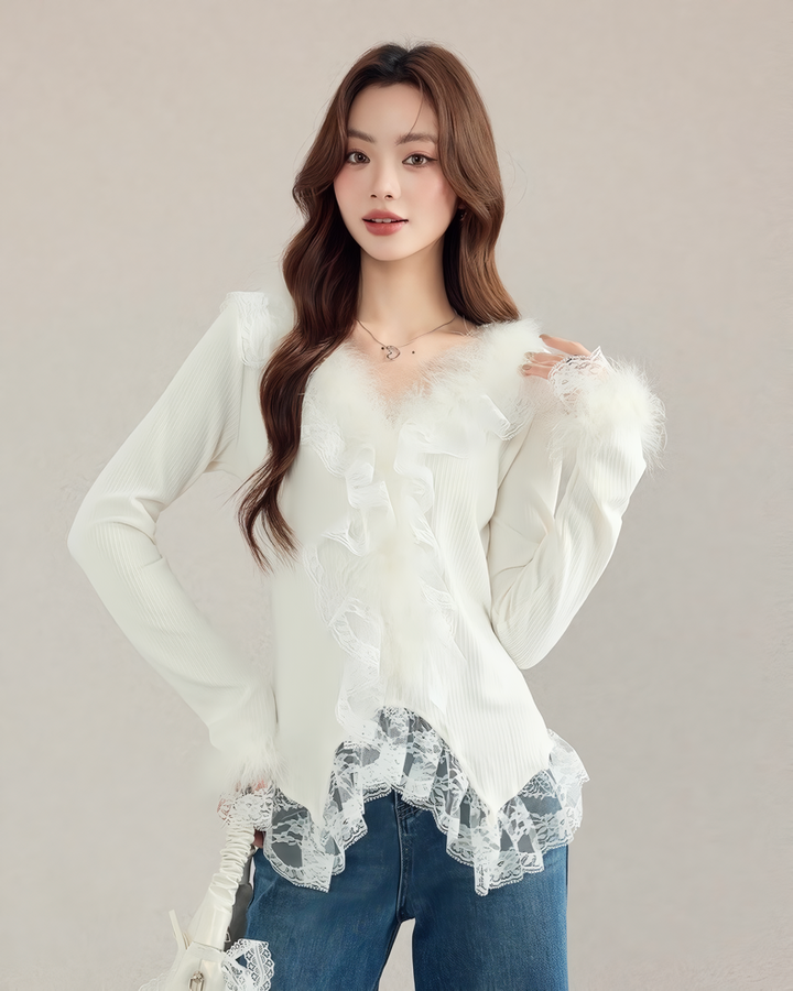 レース付きファートリムリブニットトップス Mc 610