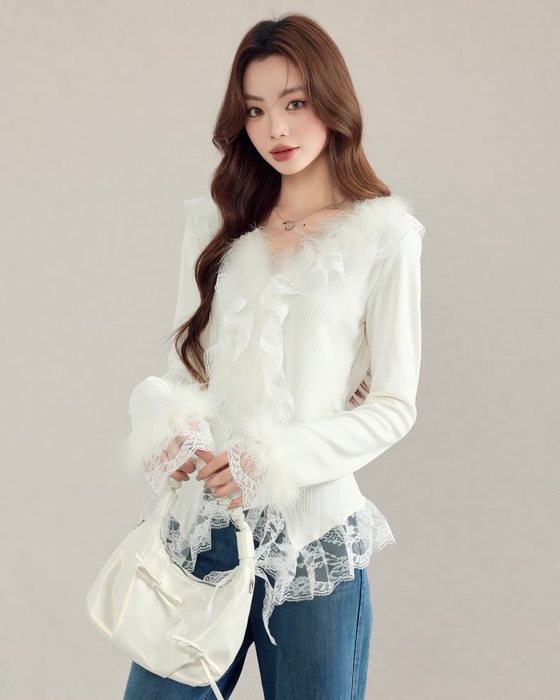 レース付きファートリムリブニットトップス Mc 610