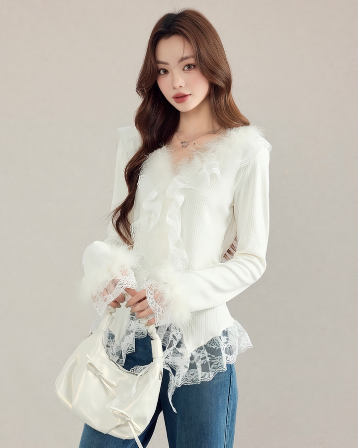 レース付きファートリムリブニットトップス Mc 610