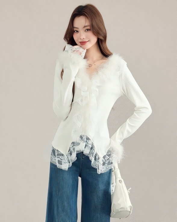 レース付きファートリムリブニットトップス Mc 610