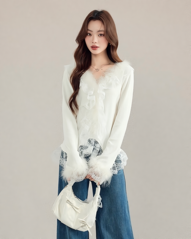 レース付きファートリムリブニットトップス Mc 610