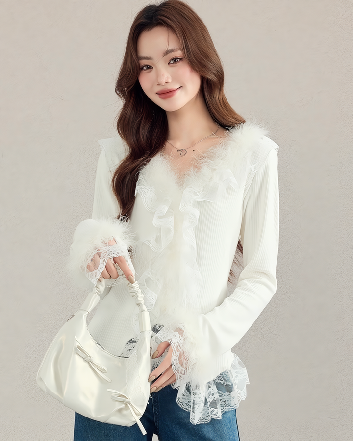 レース付きファートリムリブニットトップス Mc 610