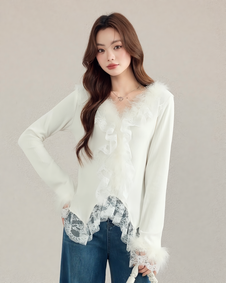 レース付きファートリムリブニットトップス Mc 610