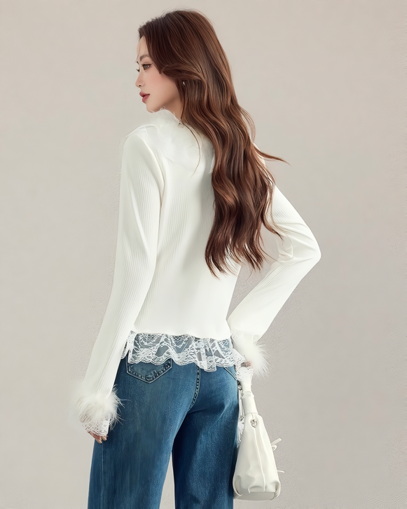 レース付きファートリムリブニットトップス Mc 610