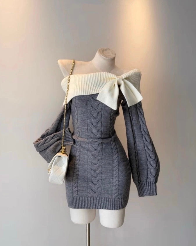 オフショルリボンケーブルニットワンピース Mc 614