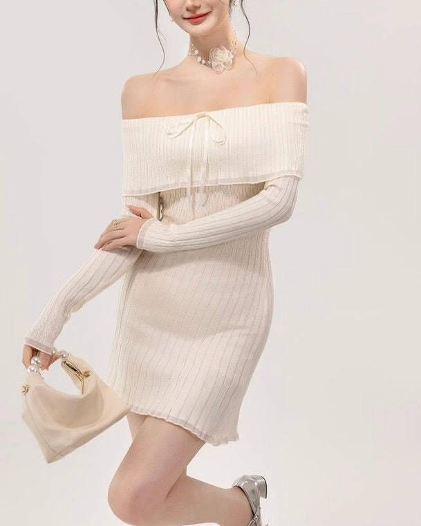 リボンオフショルシフォンリブワンピース Mc 617