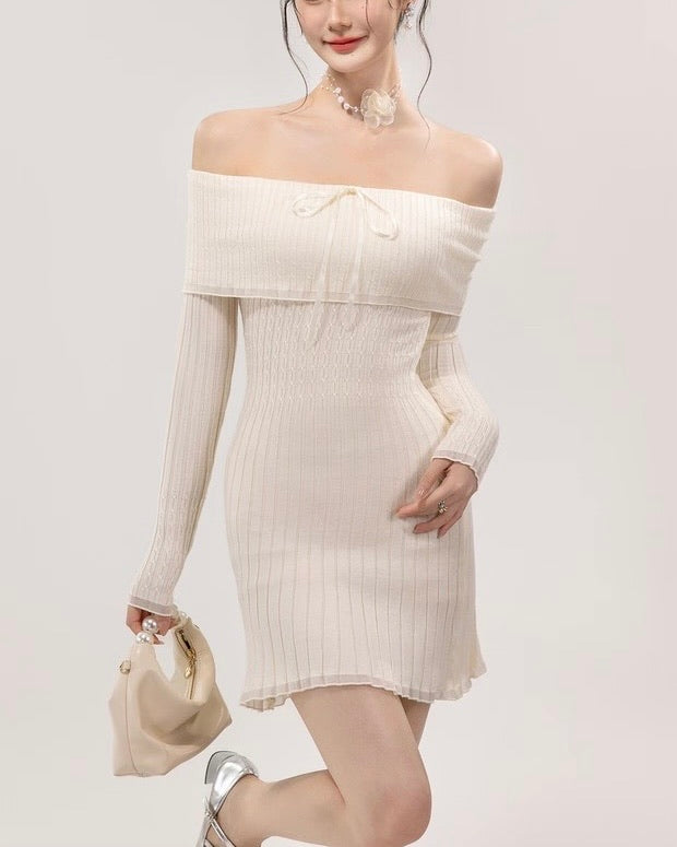 リボンオフショルシフォンリブワンピース Mc 617