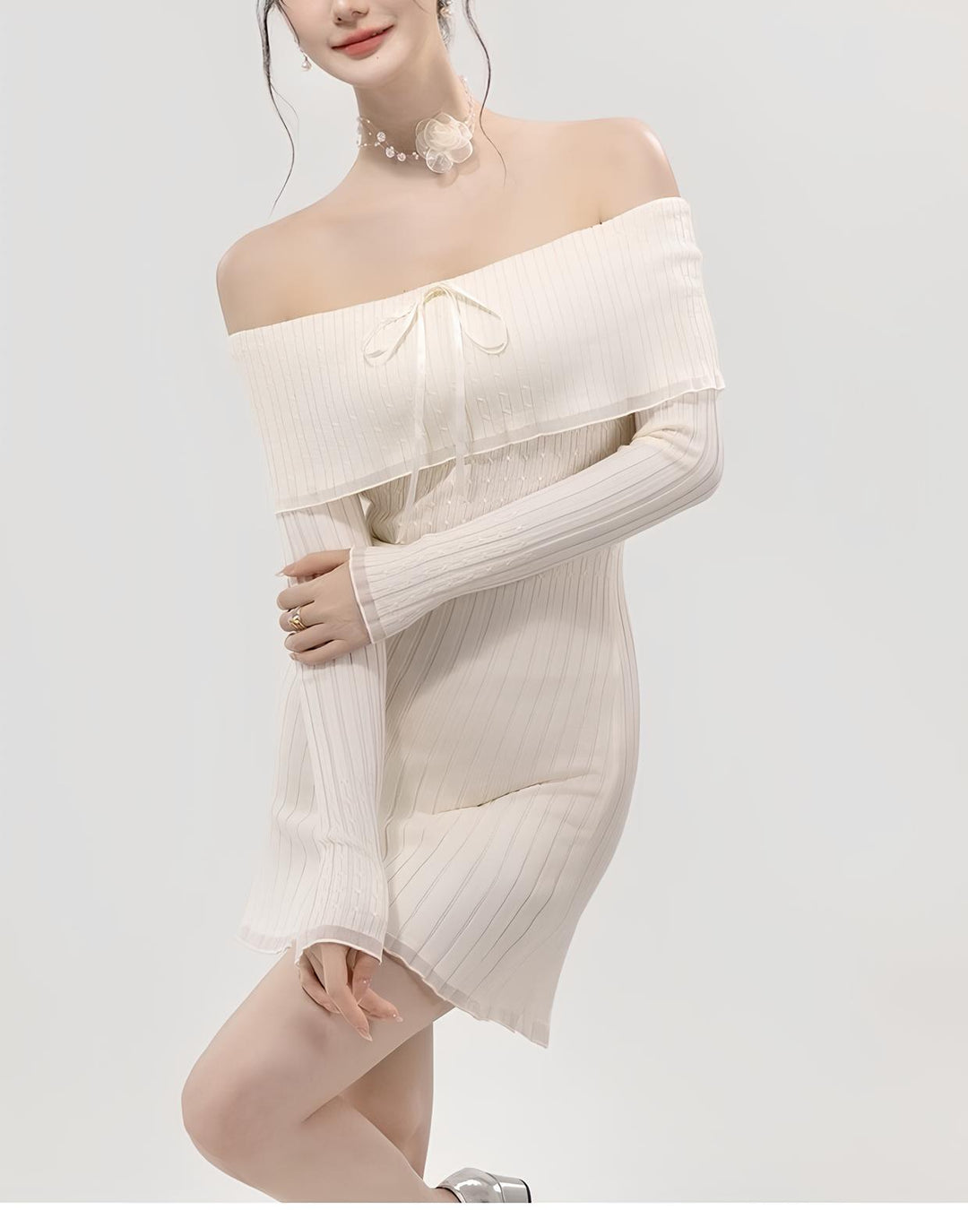 リボンオフショルシフォンリブワンピース Mc 617