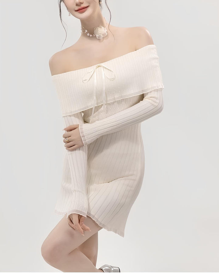 リボンオフショルシフォンリブワンピース Mc 617