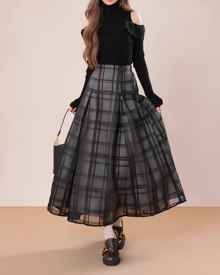 シアーチェック フレアロングスカート Mc 737