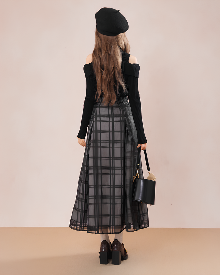 シアーチェック フレアロングスカート Mc 737