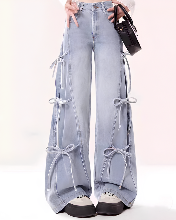 リボンレースアップ ワイドデニムパンツ Mc 739