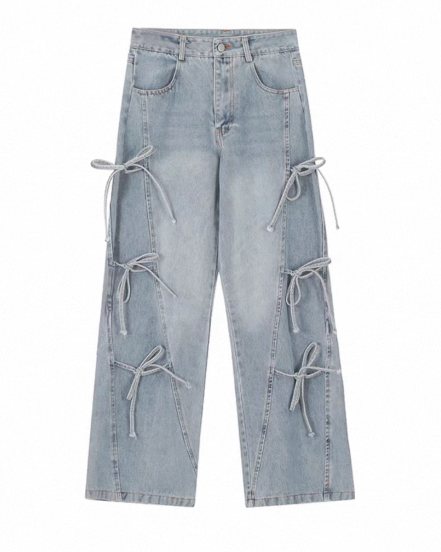 リボンレースアップ ワイドデニムパンツ Mc 739