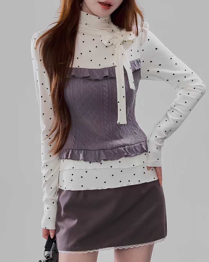 ドットシフォンリボン×ニットビスチェトップス Mc 736