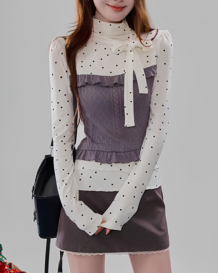 ドットシフォンリボン×ニットビスチェトップス Mc 736