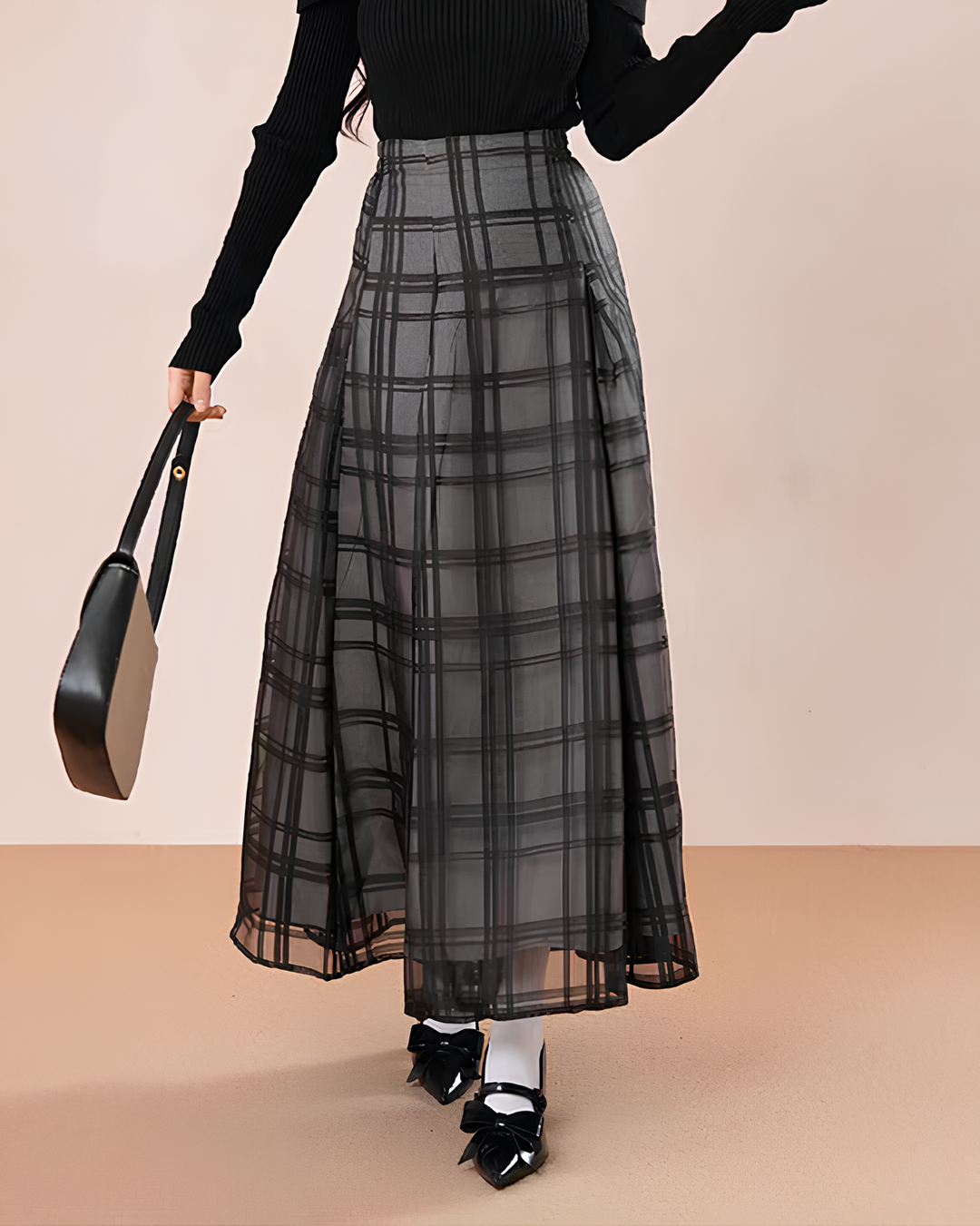 シアーチェック フレアロングスカート Mc 737